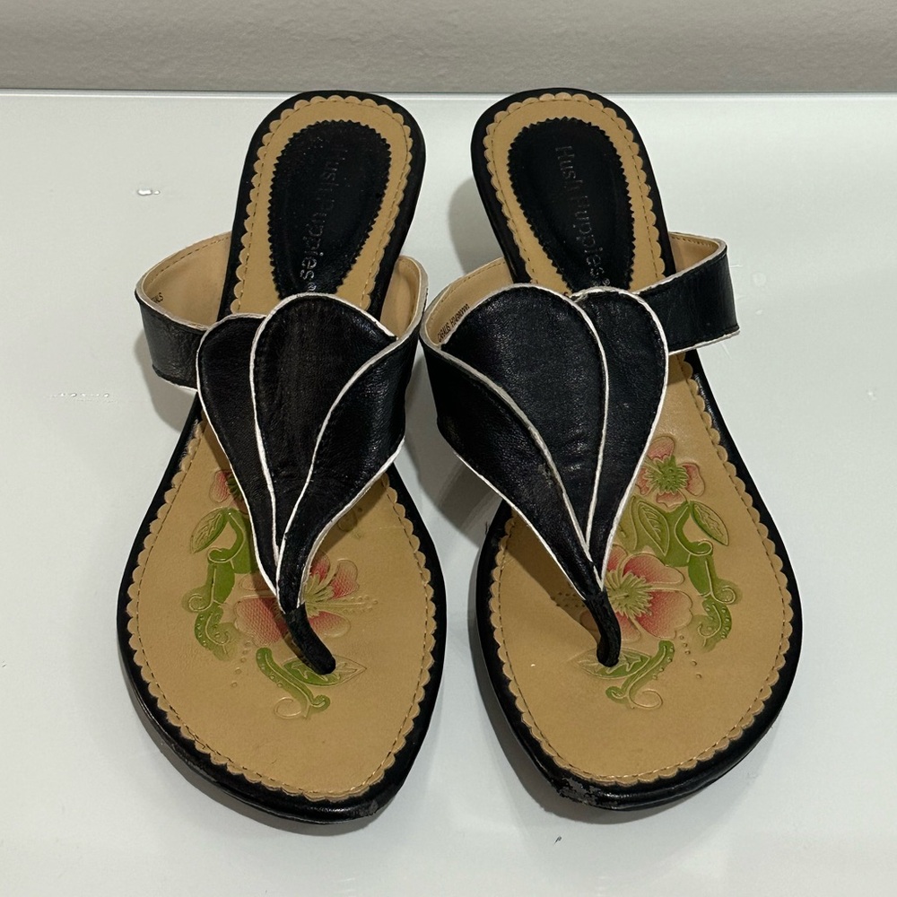 HUSH PUPPIES Leather Slide Sandals Womens Black Floral Insole Heels 6M